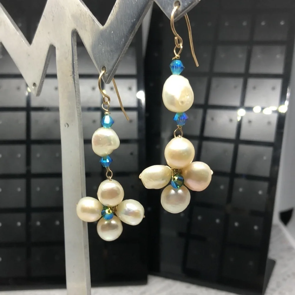 Artisan 14k GF genuine cultured pearl and crystals statement earrings dangle